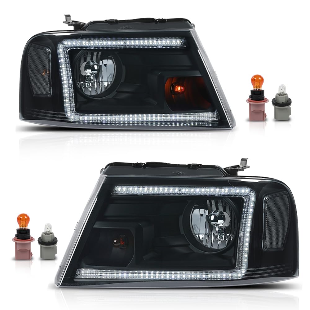 G-PLUS LED DRL Headlights Fit Ford F150 2004-2008,Fit Lincoln Mark LT 2006-2008(NOT Fit 2004 F150 Heritage/Flareside Beds),Smoky Lens Black Housing Clear ReflectorBumper Headlamps,faros delanteros