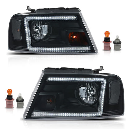G-PLUS LED DRL Headlights Assembly Fit Ford F150 2004-2008,Fit Lincoln Mark LT 2006-2008, NOT Fit 2004 F150 Heritage/Flareside Beds,Headlamps Smoky Lens Black Housing Clear Reflector,faros delanteros