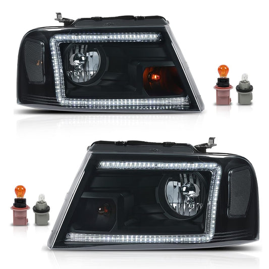 G-PLUS LED DRL Headlights Assembly Fit Ford F150 2004-2008,Fit Lincoln Mark LT 2006-2008, NOT Fit 2004 F150 Heritage/Flareside Beds,Headlamps Smoky Lens Black Housing Clear Reflector,faros delanteros