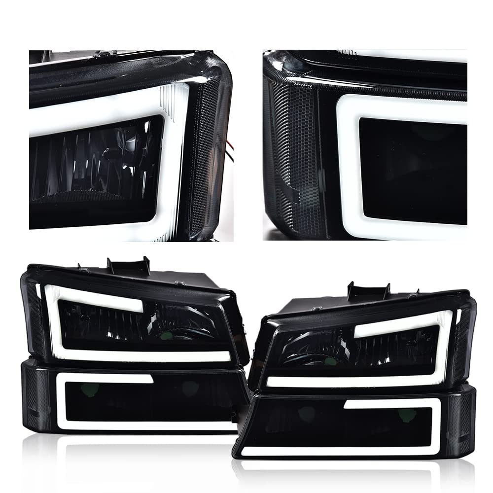 G-PLUS LED DRL Headlights Assembly + Tail Lights Fit Chevy Silverado 1500 1500 HD 2500 2500 HD 2003-2006, Smoky Lens Black Housing Clear Reflector Headlamps Assembly Dark Red Taillights