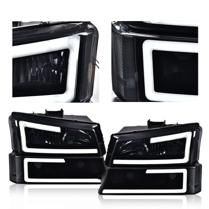 G-PLUS LED DRL Headlights Assembly + Tail Lights Fit Chevy Silverado 1500 1500 HD 2500 2500 HD 2003-2006, Smoky Lens Black Housing Clear Reflector Headlamps Assembly Dark Red Taillights