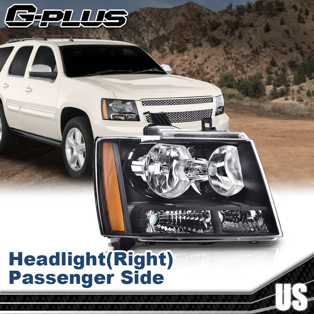 G-PLUS Headlights Assembly, Compatible with 2007-2014 Chevy Suburban/ 2007-2013 Tahoe Avalanche Bumper Headlamp Right, Clear Lens Black Housing Amber Reflector Bumper Headlamps