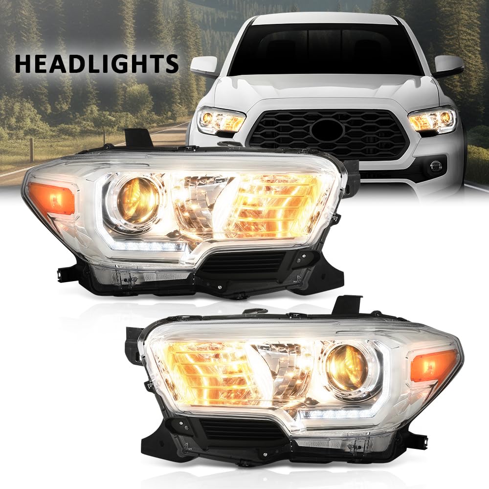 G-PLUS Headlights Assembly w/LED DRL Compatible with 2016-2022 Toyota Tacoma, Headlamps Left & Right Clear Lens Chrome Housing Amber Reflector, TO2502244, TO2503244 faros delanteros