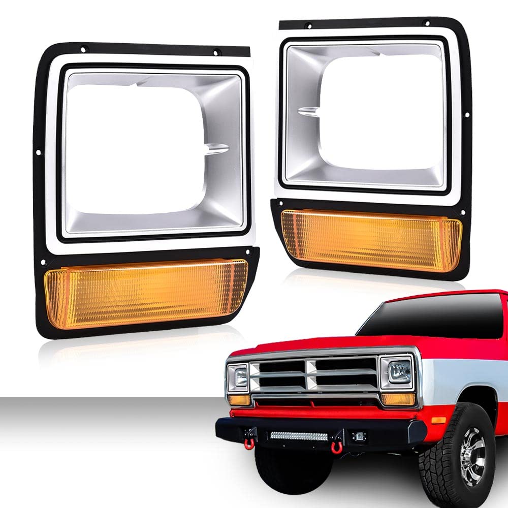G-PLUS Headlights Bezel w/Corner Parking Light Compatible with Dodge Pickup Truck 1986-1990 Headlamps Head light Doors Headlamps Bezels Pair Set 4249810 CH2513122 4249811 CH2512122,faros delanteros