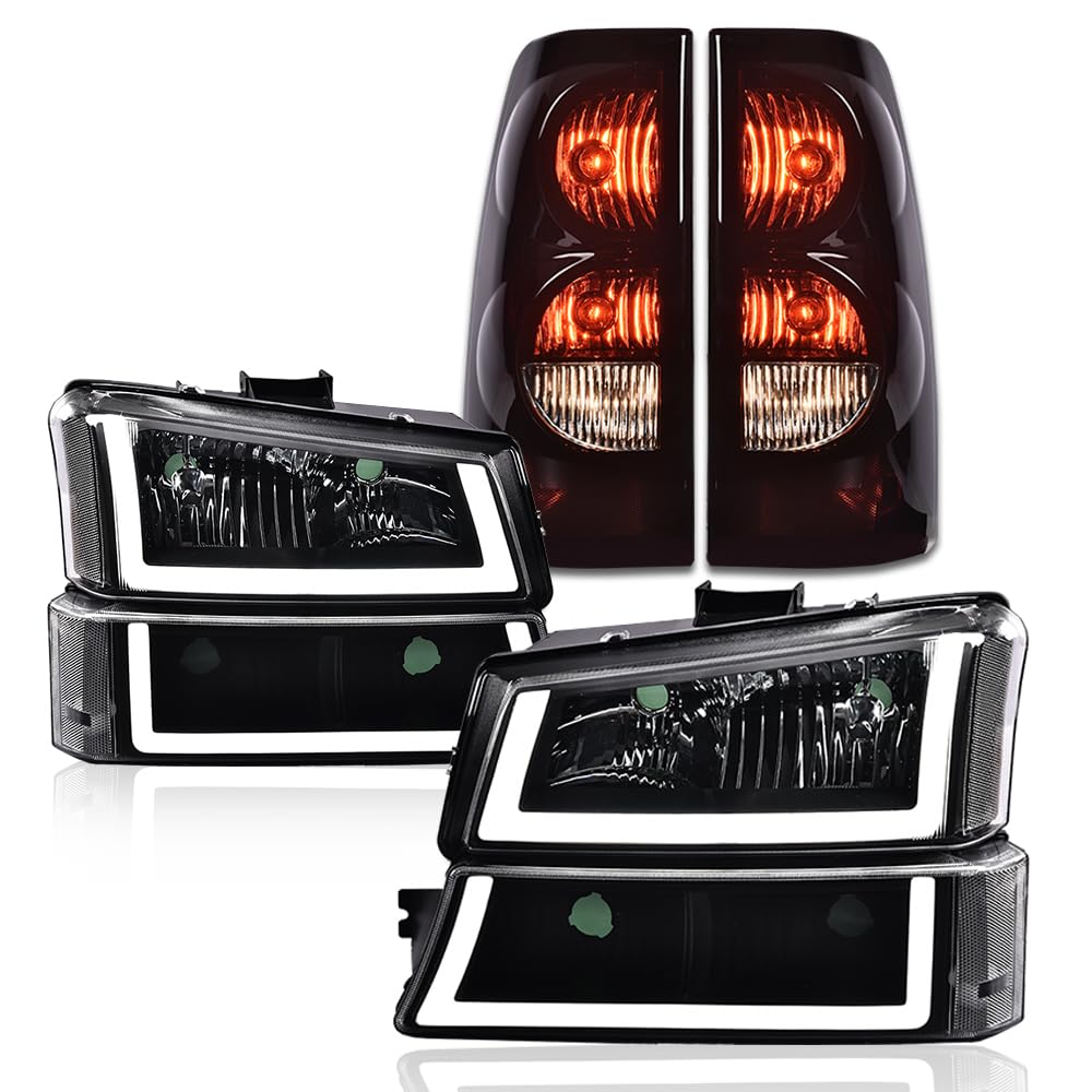 G-PLUS LED Headlights Assembly + Tail Lights Fit Chevy Silverado 1500 1500 HD 2500 2500 HD 2003-2006, Clear Lens Black Housing Clear Reflector Headlamps Assembly Dark Red Taillights
