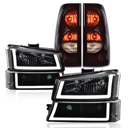 G-PLUS LED Headlights Assembly + Tail Lights Fit Chevy Silverado 1500 1500 HD 2500 2500 HD 2003-2006, Clear Lens Black Housing Clear Reflector Headlamps Assembly Dark Red Taillights