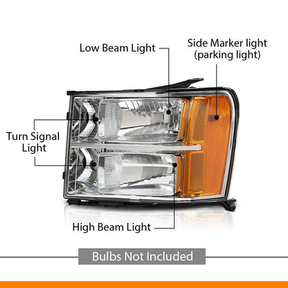 G-PLUS Tube Projector Headlights Assembly Fit GMC Sierra 1500 2007-2013 /Fit for GMC Sierra 2500HD 3500HD 2007-2014 Headlamps Left & Right Clear Lens Chrome Housing Amber Reflector,faros delanteros