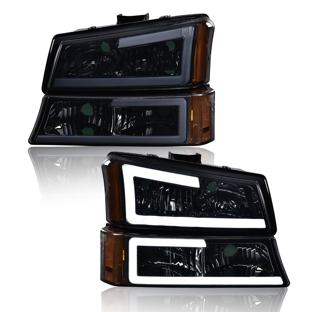 G-PLUS LED DRL headlights, Compatible with 2003 2004 2005 2006 Chevy Avalanche 1500 2500 Bumper Headlamps, Smoky Lens Chrome Housing Amber Reflector,faros delanteros