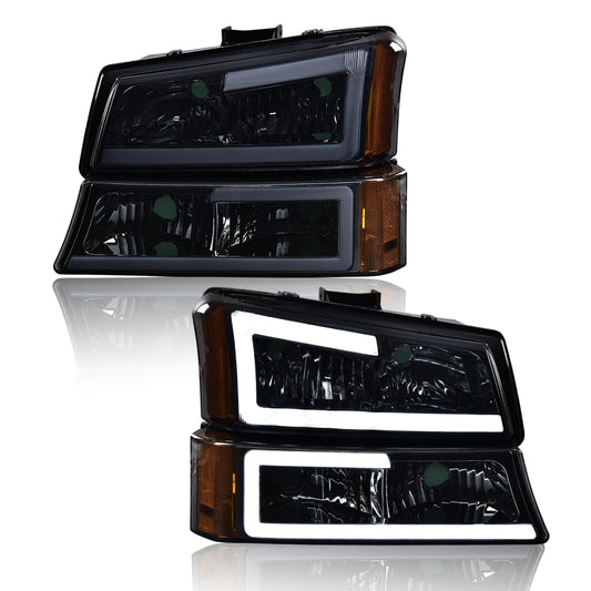 G-PLUS LED DRL headlights, Compatible with 2003 2004 2005 2006 Chevy Avalanche 1500 2500 Bumper Headlamps, Smoky Lens Chrome Housing Amber Reflector,faros delanteros