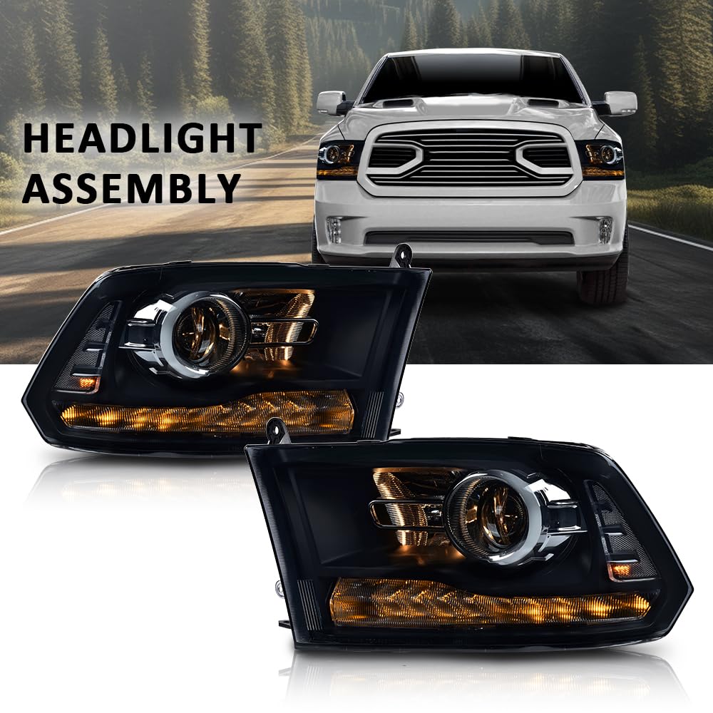 G-PLUS LED Projector Headlights Assembly,Compatible with 2009-2012 Dodge Ram 1500 2500 3500,Headlight Bar Plank Style Smoke Lens Black Housing Clear Reflector,Front Headlamp Left Right Pair