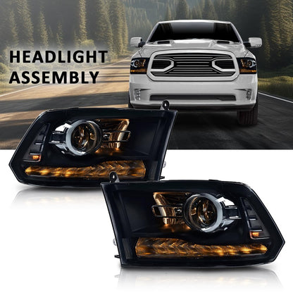 G-PLUS LED Projector Headlights Assembly,Compatible with 2009-2012 Dodge Ram 1500 2500 3500,Headlight Bar Plank Style Smoke Lens Black Housing Clear Reflector,Front Headlamp Left Right Pair