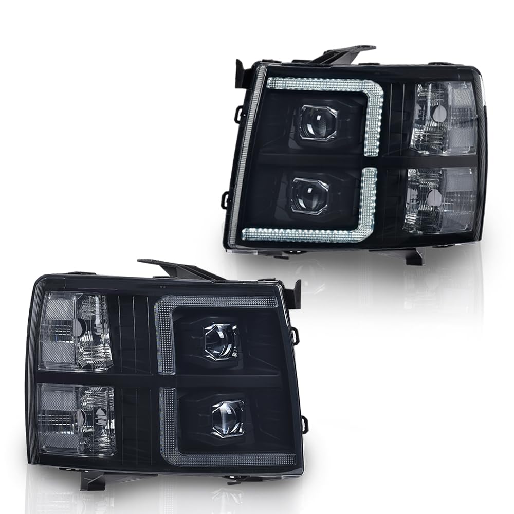 G-PLUS LED Tube Dual Projector Headlights,Fit Chevy Silverado 1500 2007-2013/Fit Chevy Silverado 2500 3500 & HD 2007-2014,Pair Headlamps faros delanteros,Smoke Lens Black Housing Clear Reflector