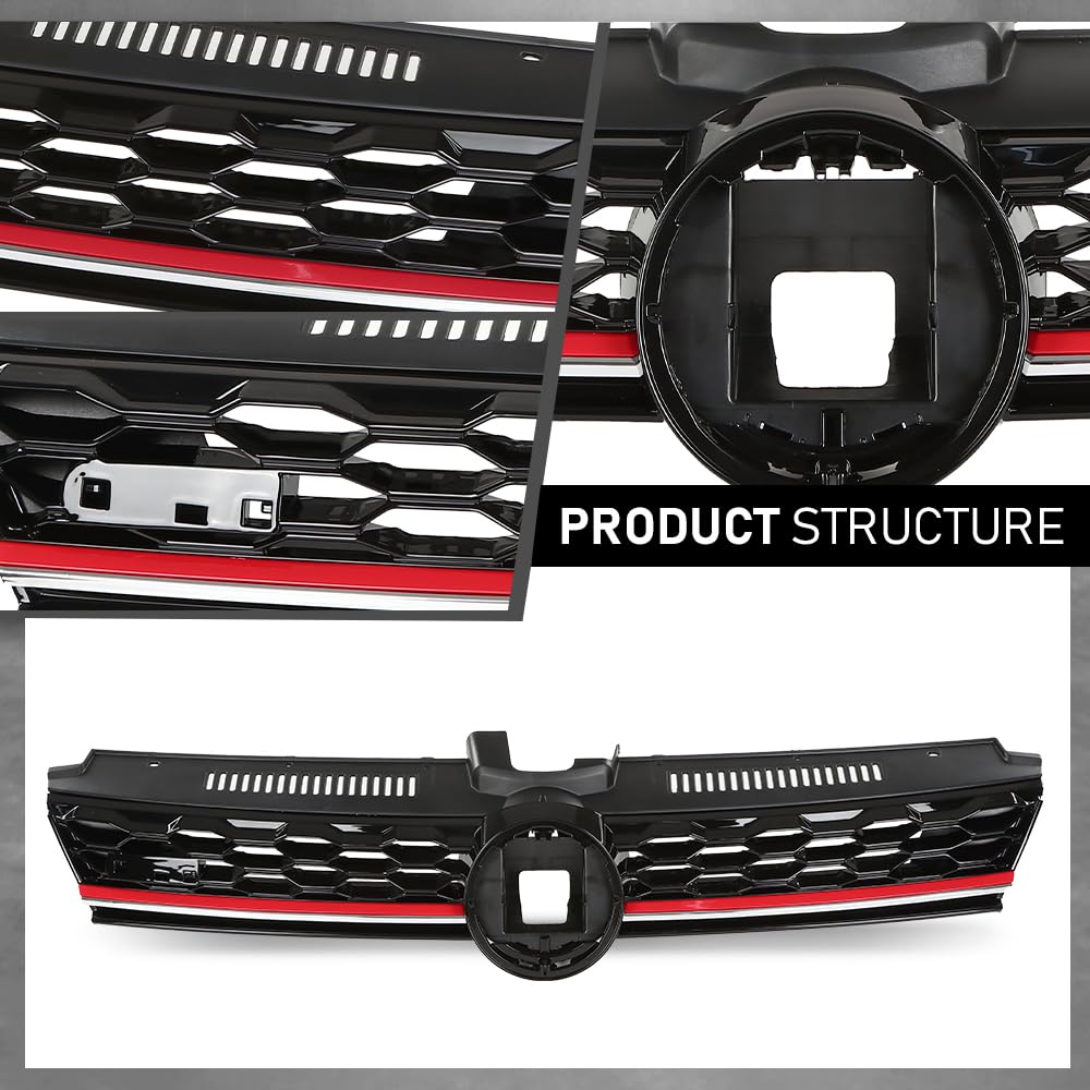 G-PLUS Front Bumper Hood Grille W/Red Trim, Compatible with Volkswagen Golf 7.5 2017-2019, 5GM853651AGCEE, 5GM853651AJCEE