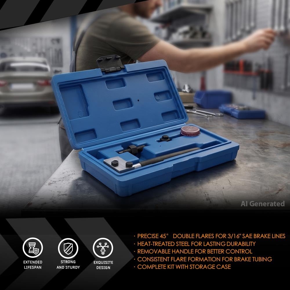 G-PLUS Universal 45 Degree Double Brake Line Flaring Tool Kit 3/16 Inch SAE Hand Held, 45 Steel, Brake Line Tubing Flaring Tool Set with Punch, Positioning Bolt & Lubricant Container Black