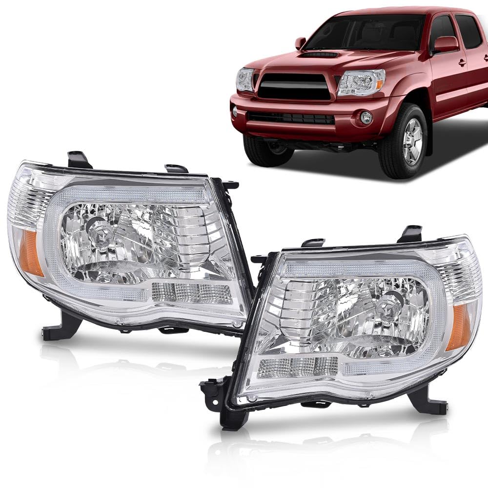 G-PLUS LED Headlights Assembly,Fit For 2005-2011 Toyota Tacoma,DRL Tube Halo Projector Headlamps w/o Bulbs,faros delanteros Clear lens Chrome Housing Amber Reflector Left & Right