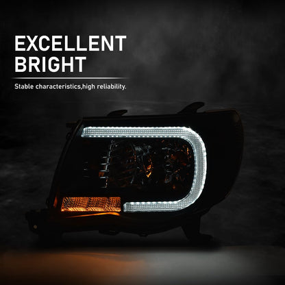 G-PLUS LED DRL Tube Halo Projector Headlights w/o Bulbs, Fit For Toyota Tacoma 2005 2006 2007 2008 2009 2010 2011 Headlamps Clear Lens Black Housing Clear Reflector 8115004163, 8111004163
