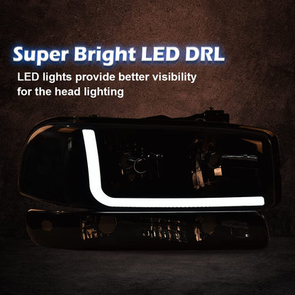 G-PLUS LED DRL Headlights Assembly, Compatible with 1999-2007 GMC Sierra 1500/2001-2007 GMC Sierra 1500 HD Bumper Headlamps, Smoky Lens Black Housing Clear Reflector,faros delanteros