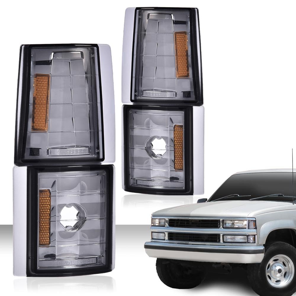 G-PLUS Corner Light Fit 1994-2000 Chevy CK/C10 1500 2500 3500 2WD,(ONLY For Composite Headlights) Signal Side Marker Lamps Smoky Lens Chrome Housing Amber Reflector Bumper Headlamps,faros Assembly