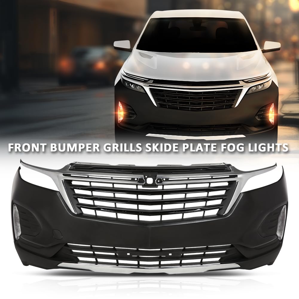 G-PLUS Front Upper + Lower Bumper Cover + Grills + Skid Plate + Fog Light + Tow Hook Compatible with Chevy Equinox 2022 2023 Front Bumper Cover Kit Grilles, Black