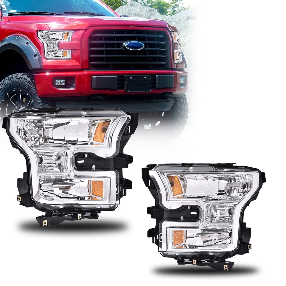 G-PLUS Headlights Assembly, Compatible with 2015 2016 2017 Ford F150,Not Fit w/Factory LED & HID Headlights Left+Right Bumper Headlamps, Clear Lens Chrome Housing Amber Reflector,faros delanteros