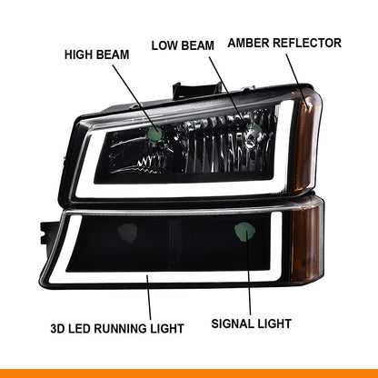 G-PLUS LED Headlights Assembly + Tail Lights Fit Chevy Silverado 1500 1500 HD 2500 2500 HD 2003-2006, Clear Lens Black Housing Amber Reflector Headlamps Assembly Dark Red Taillights