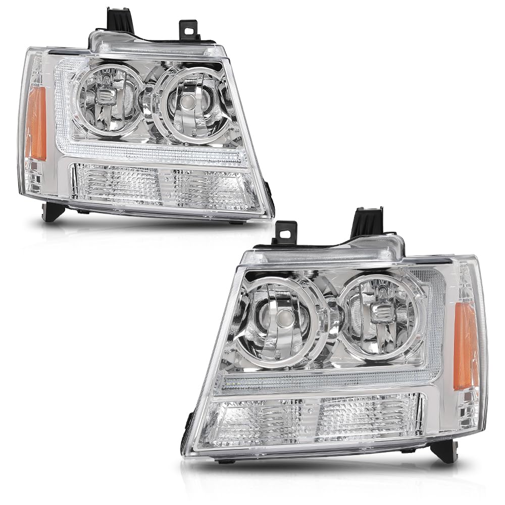 G-PLUS LED Headlights Assembly Front Headlamps Fit Chevy Tahoe Suburban 1500 2007-2014,Fit Chevy Avalanche Suburban 2500 2007-2013 Clear Lens Chrome Housing Amber Reflector,faros delanteros