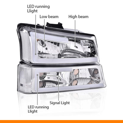 G-PLUS LED Headlights Assemblies, Compatible with 2003 2004 2005 2006 Chevy Avalanche Silverado 1500 2500 3500&HD Bumper Headlamps, Clear Lens Chrome Housing Clear Reflector,faros delanteros