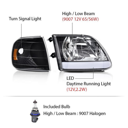 G-PLUS LED DRL Headlights Compatible with Ford Expedition 1997-2002/Fit F150 1998-2003/Fit F250 1997-1999 Clear Lens Black Housing Amber Reflector Left & Right