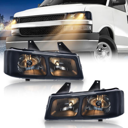 G-PLUS Headlights Assembly w/Bulbs Compatible with Chevy Express 1500 2500 3500 Van 2003-2019/Compatible with GMC Savana 1500 2500 3500 Van 2003-2019 Headlamp Smoky lens Chrome Housing Amber Reflector