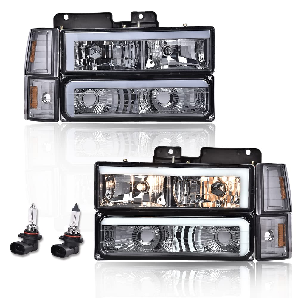 G-PLUS LED DRL headlights, Compatible with 1994 1995 1996 1997 1998 1999 2000 GMC C10 C/K C1500 bumper Headlamp, Smoky lens Chrome Housing Amber Reflector