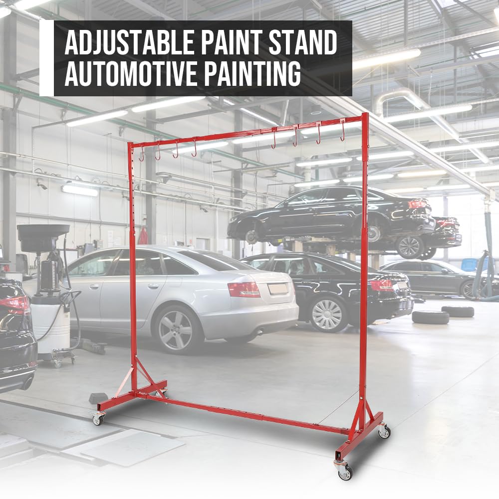 G-PLUS 5ft-7ft Adjustable Paint Stand Automotive Painting Rack 8 Hooks w/ 4 Swiveling Wheels Auto Body Stand for Painting Drying Rack Red