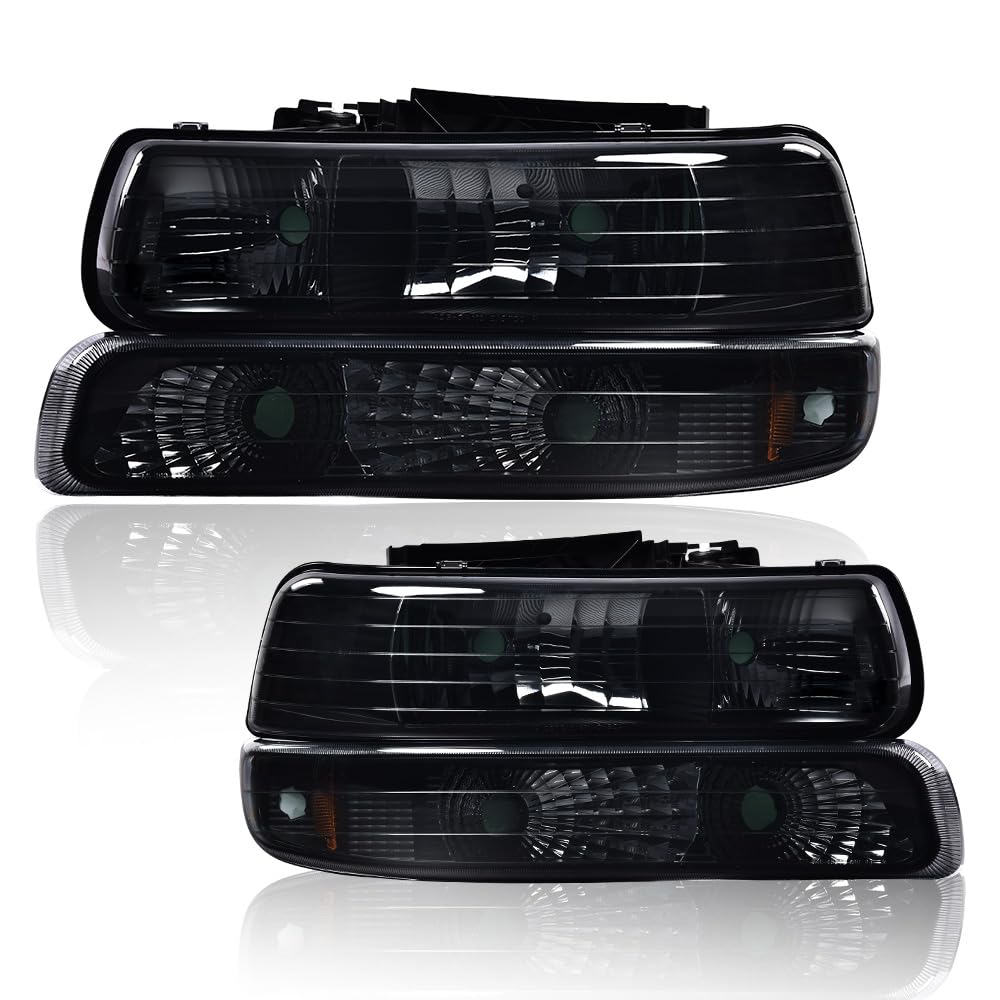 G-PLUS Headlights Assembly, Compatible with 1999-2002 Chevy Silverado/ 2000-2006 Suburban Tahoe Bumper Headlamps, Smoky Lens Black Housing Amber Reflector