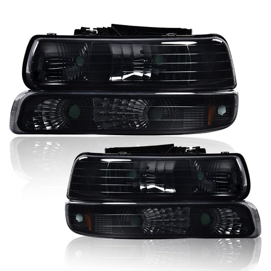 G-PLUS Left & Right Headlight & LED 3rd Third Brake Light Compatible with Chevy Silverado GMC Sierra 1500 2500HD 3500 1999-2006