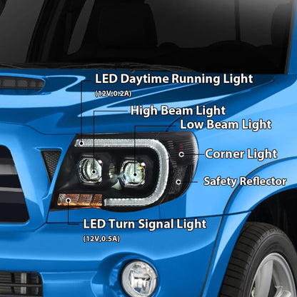 G-PLUS LED Tube Projector Headlights Headlamps W/o Bulbs Compatible with Toyota Tacoma 2005-2011 Clear Lens Black Housing Clear Reflector Driver & Passenger Side,faros delanteros