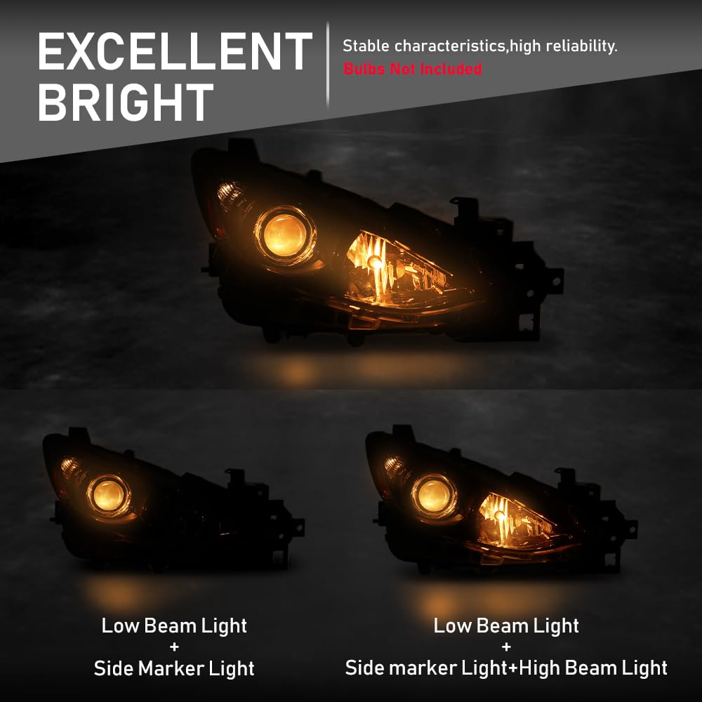 G-PLUS Headlight w/bulb Compatible with Mazda 3 2014 2015 2016 Bumper Headlamp BPW1510K0, MA2503144 Right Passenger Side Clear Lens Black Housing Amber Reflector