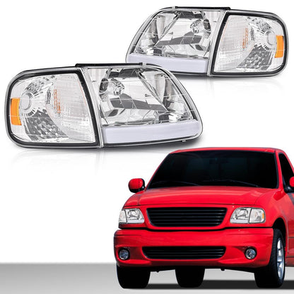 G-PLUS LED DRL Headlights Compatible with Ford Expedition 1997-2002/Fit Ford F150 1998-2003/Fit F250 1997-1999 Bumper Headlamp w/Corner Lamps Clear Lens Chrome Housing Amber Reflector Left & Right