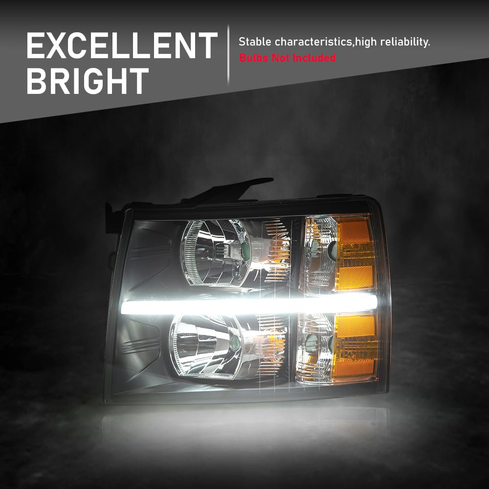 G-PLUS LED DRL Headlights, Compatible with 2007-2014 Chevy Silverado 2500 3500 & HD/Fit 2007-2013 Chevy Silverado 1500 Bumper Headlamps, Clear Lens Black Housing Amber Reflector,faros delanteros