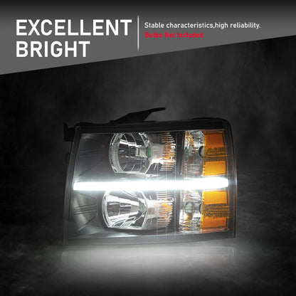 G-PLUS LED DRL Headlights, Compatible with 2007-2014 Chevy Silverado 2500 3500 & HD/Fit 2007-2013 Chevy Silverado 1500 Bumper Headlamps, Clear Lens Black Housing Amber Reflector,faros delanteros