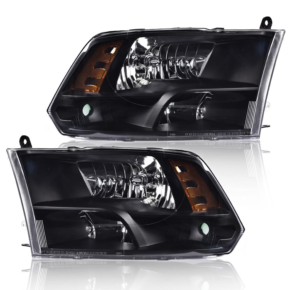 G-PLUS Headlights Assembly Front Headlamp Fit Dodge Ram 1500 2500 3500 2009-2012(New Body Style),Only Fit Factory Quad Style, Clear lens Black Housing Amber Reflector
