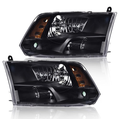 G-PLUS Headlights Assembly Front Headlamp Fit Dodge Ram 1500 2500 3500 2009-2012(New Body Style),Only Fit Factory Quad Style, Clear lens Black Housing Amber Reflector