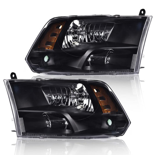 G-PLUS Headlights Assembly Front Headlamp Fit Dodge Ram 1500 2500 3500 2009-2012(New Body Style),Only Fit Factory Quad Style, Clear lens Black Housing Amber Reflector