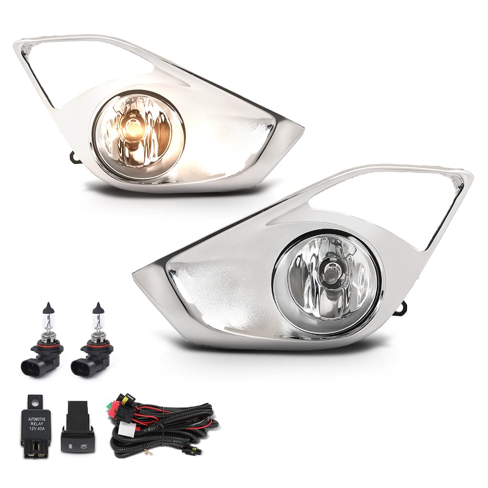 G-PLUS Front Bumper Fog Lights w/Switch + Sliver Cover Bezels Compatible with Toyota Avalon 2013 2014 2015 Left & Right Clear Lens Chrome Housing, 812200W040, 8122008020, 812100W050