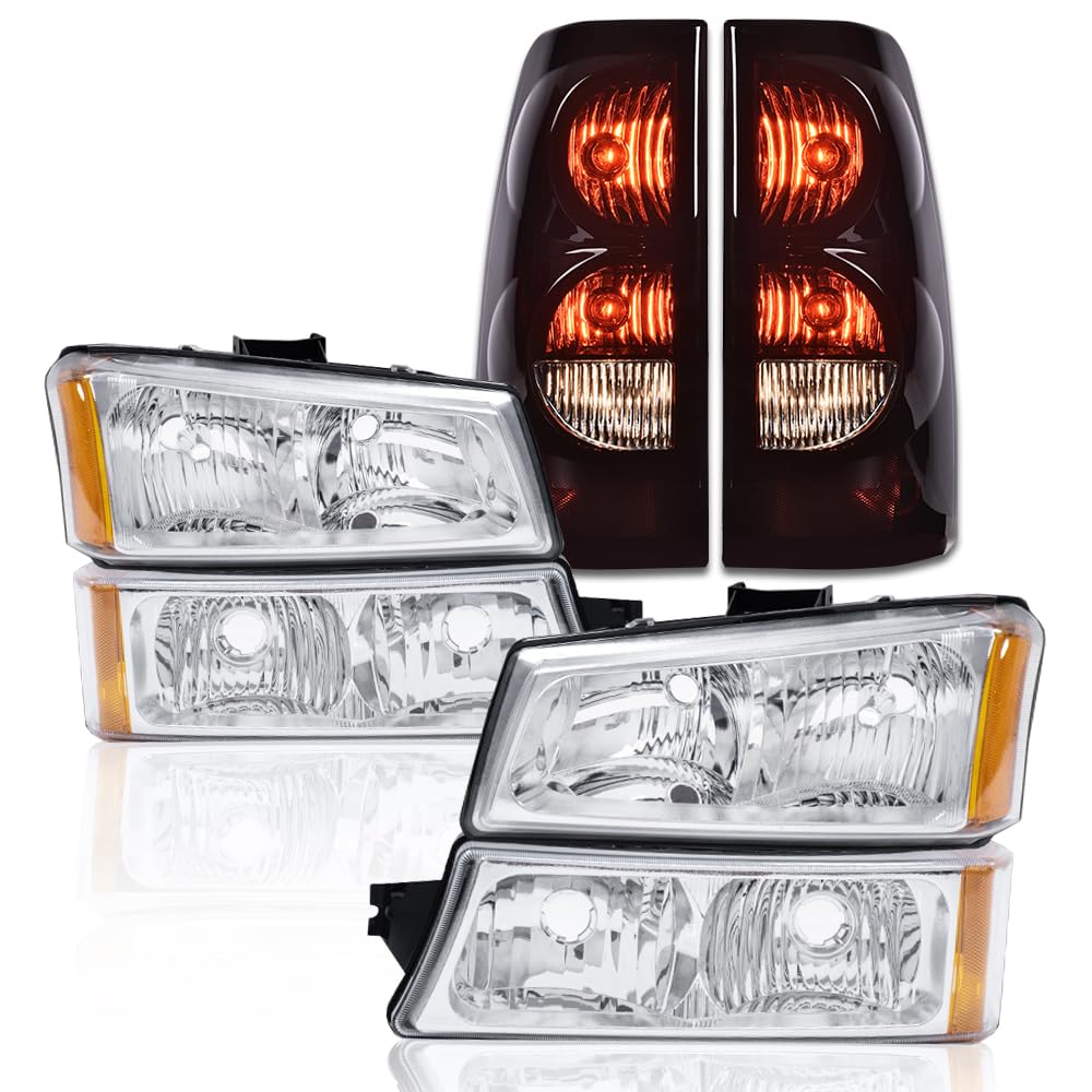 G-PLUS Headlights Assembly + Tail Lights Fit Chevy Silverado 1500 1500 HD 2500 2500 HD 2003-2006, Clear Lens Chrome Housing Amber Reflector Headlamps Assembly Dark Red Taillights