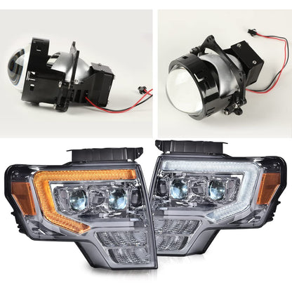 G-PLUS LED Tube Dual Projector Headlights Assembly, Fit for 2009-2014 Ford F150(Only Fit LED) Bumper Headlamps Smoky Lens Chrome Housing Amber Reflector,faros delanteros