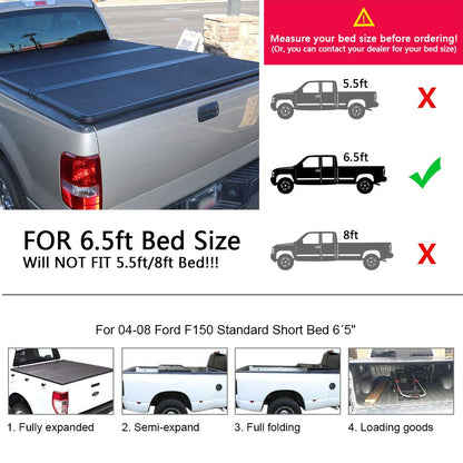 G-PLUS Tri Hard Solid -Fold Tonneau Bed Cover Compatible with 2004-2008 Ford F150 Short 6.5ft