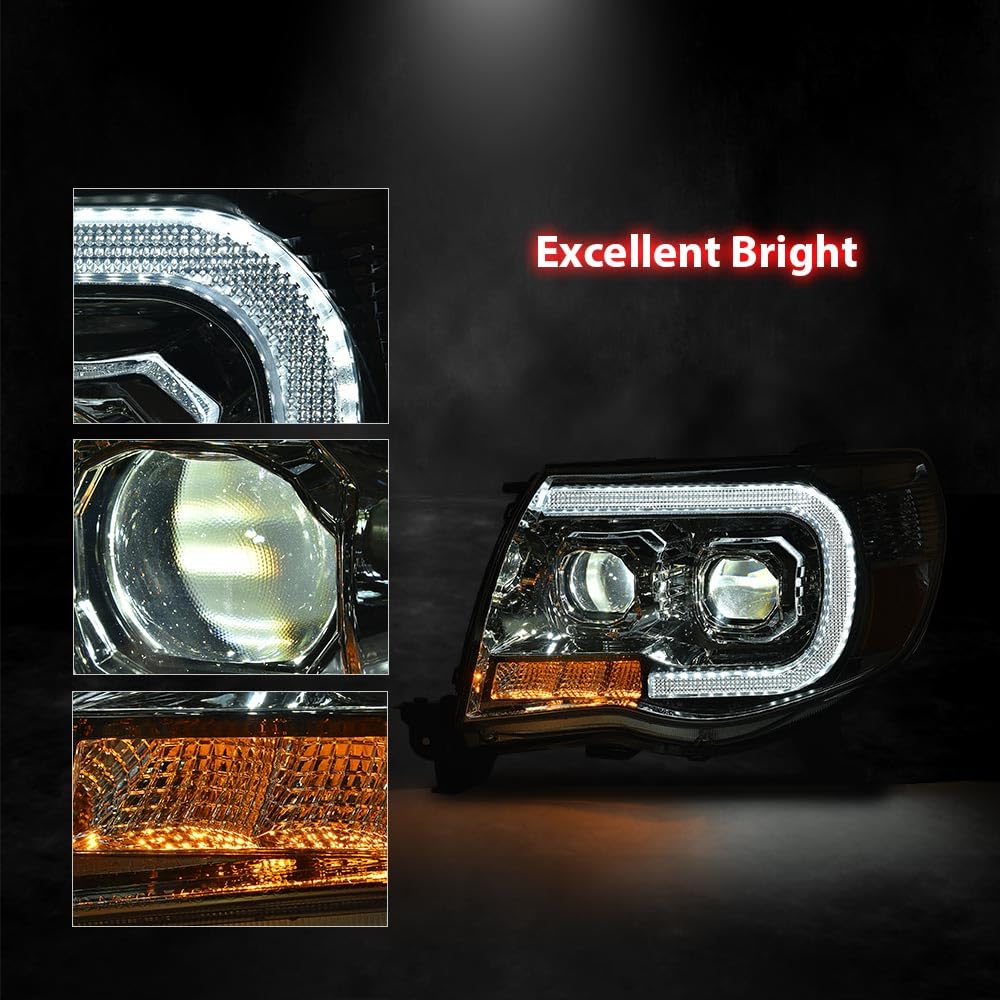 G-PLUS LED Tube Projector Headlights Headlamps W/o Bulbs Compatible with Toyota Tacoma 2005-2011 Clear Lens Chrome Housing Amber Reflector Driver & Passenger Side,faros delanteros
