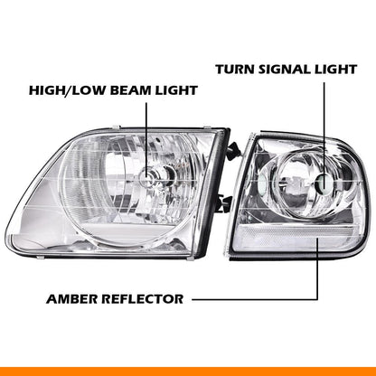 G-PLUS Headlights Fit 1998-2003 Ford F150/Fit 1997-2002 Ford Expedition/Fit Ford Ford F250 Light Duty 97-99 w/Corner Lamps,Headlamps faros delanteros,Clear Lens Chrome Housing Clear Reflector