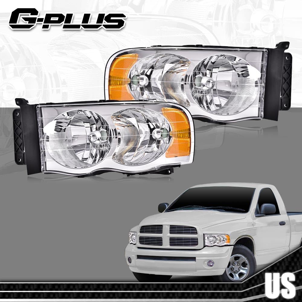 G-PLUS Headlights Bumper Headlamps Assembly Compatible with 2002-2005 Dodge Ram 1500 2500 3500, Clear Lens Chrome Housing Amber Reflector,faros delanteros