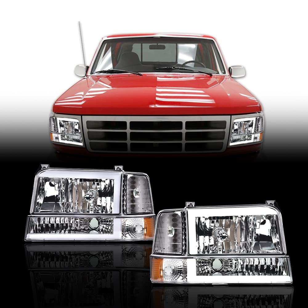 G-PLUS LED DRL Headlights, Fit 1992-1996 Ford Bronco F150 F250 F350 Bumper Headlamps, Smoky Lens Black Housing Clear Reflector,faros delanteros
