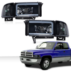 G-PLUS LED Light Strip Headlights for Dodge Ram 1500 1994-2001 Ram 2500 3500 1994-2002 Smoke Lens Front View